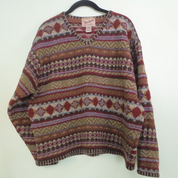 Vintage Woolrich Women's XL Wool Fair Isle Nordic Style V Neck Sweater - Picture 1 of 8